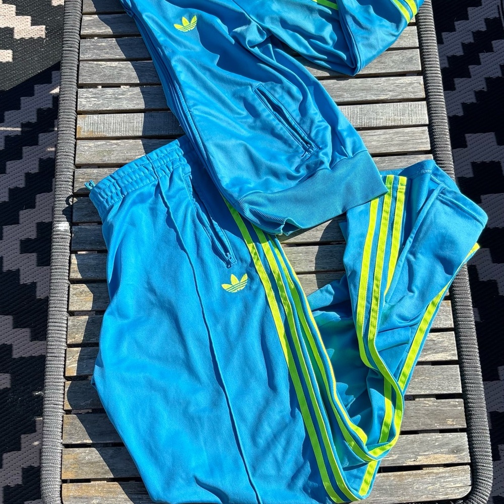 Adidas Vibrant Blue Tracksuit with Neon Green Stripes